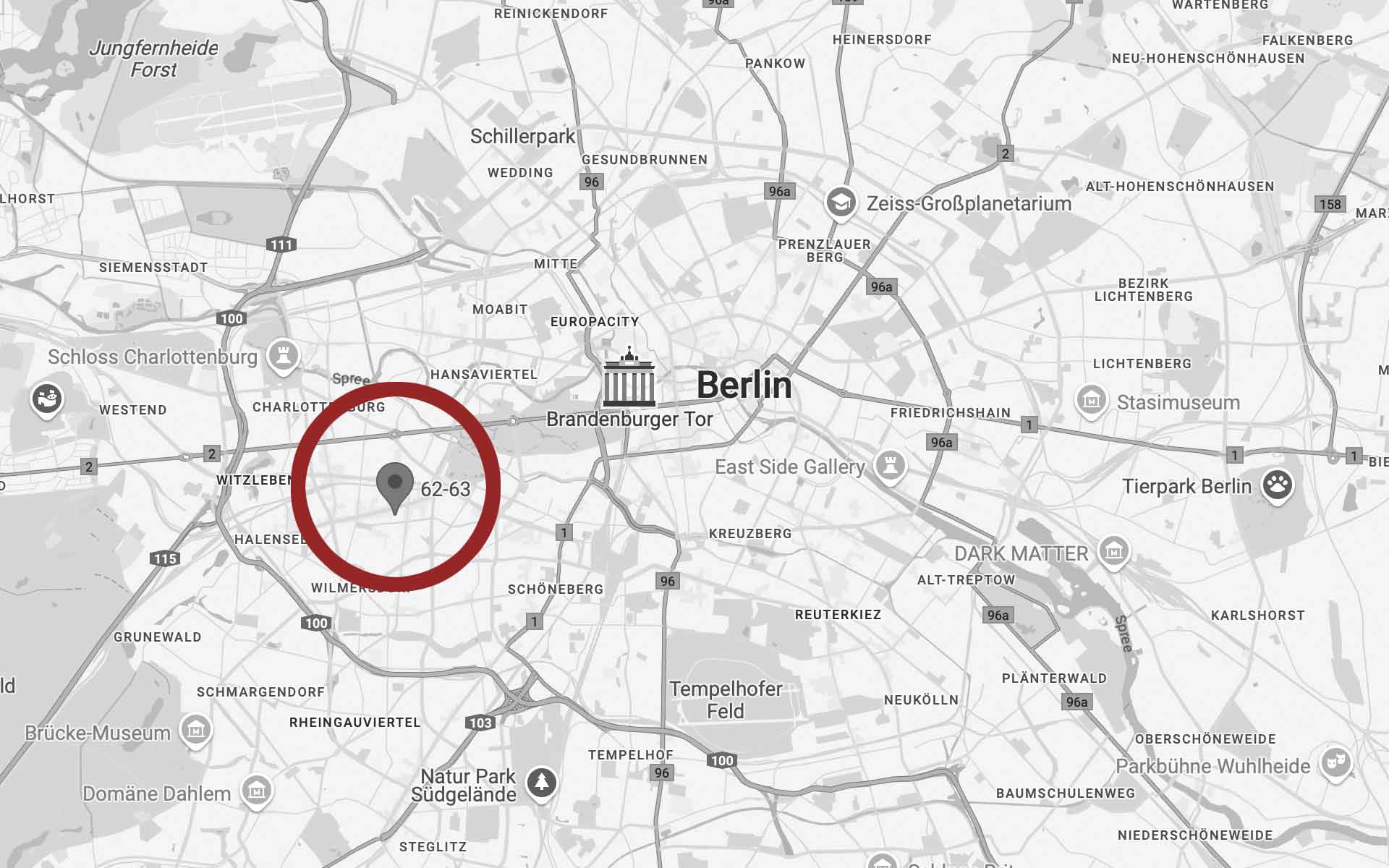 Die Grafik zeigt einen Stadtplan, auf dem der Praxisraum von Asli Demirel in Berlin-Charlottenburg markiert ist.