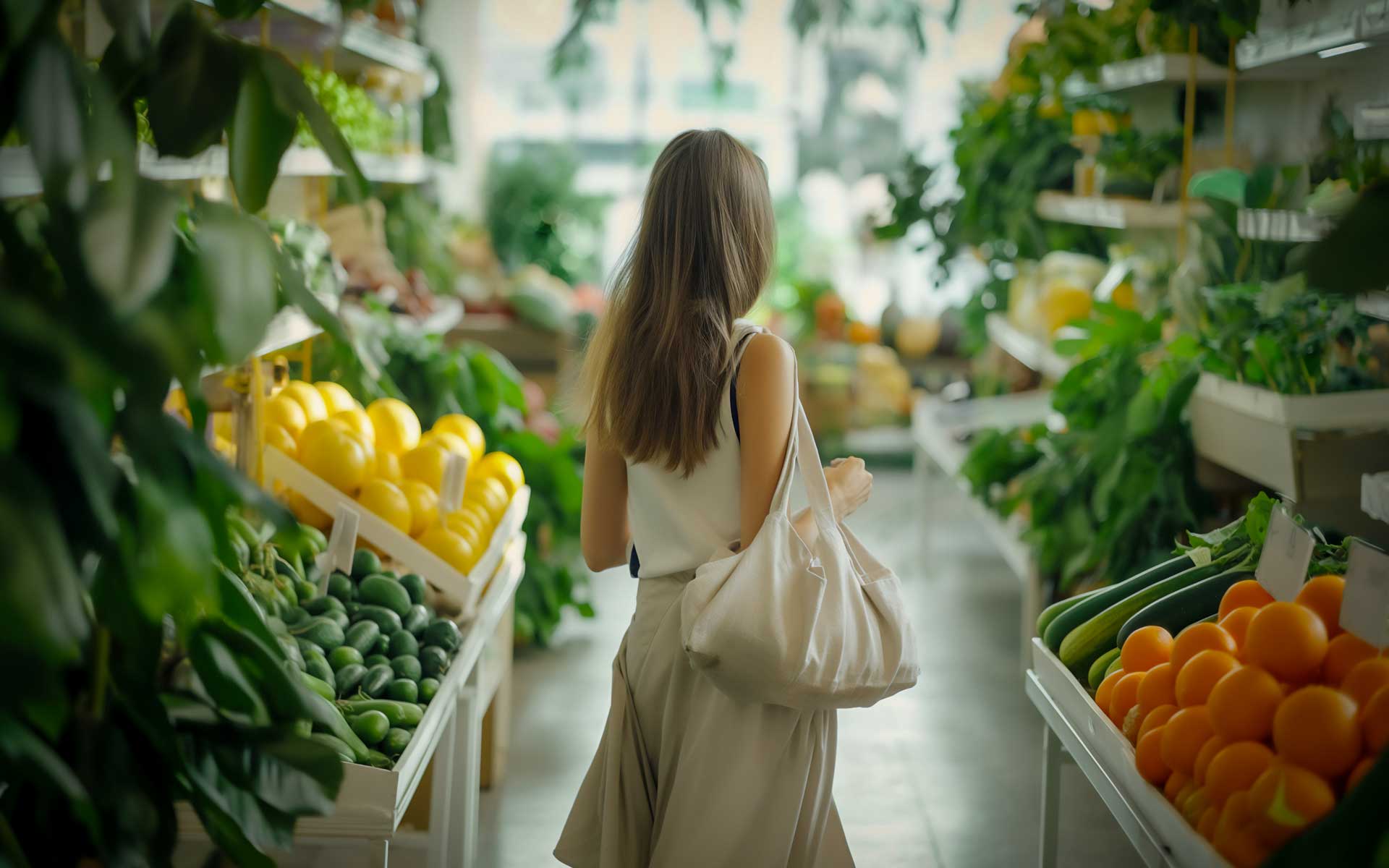 Foto einer Frau zwischen Obst- und Gemüseregalen.