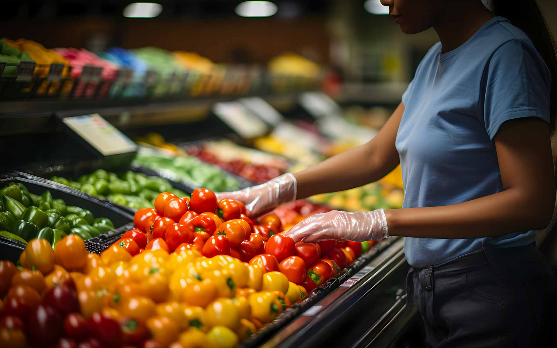 Frau an einem Obst- und Gemüsestand.